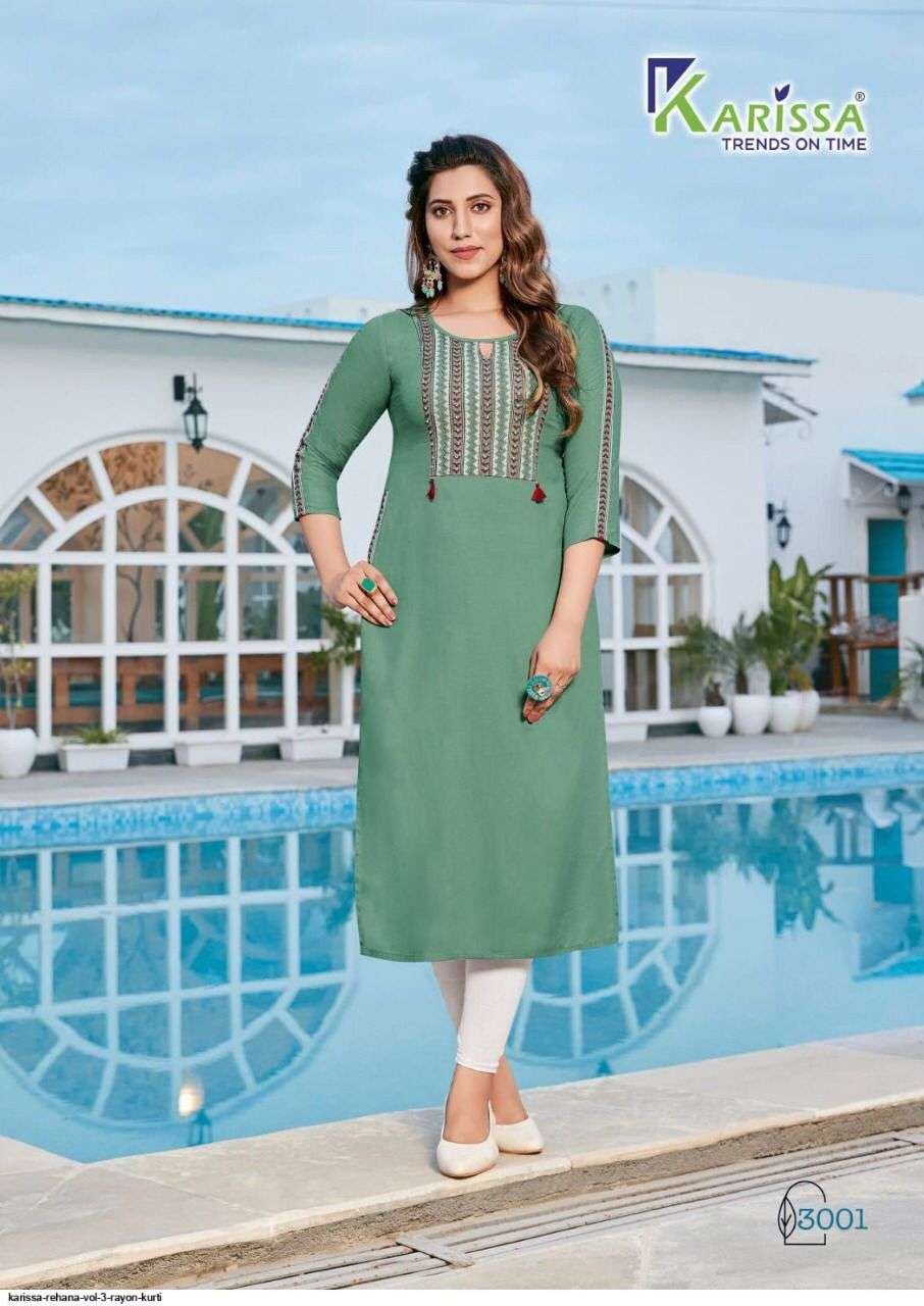 REHANA VOL 3 PREMIUM RAYON LIVA TAGS THREAD WORK AND HANDWORK KURTI WITH POCKET AND OTHER PATTERNS BY KARISSA 3001